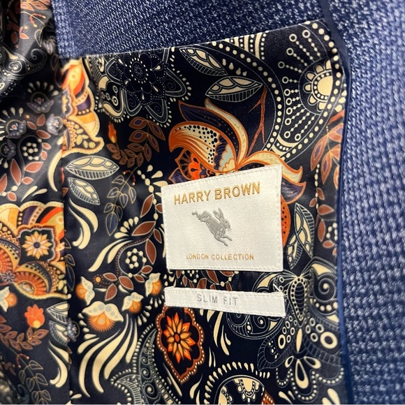 HARRY BROWN Blue houndstooth Blazer with Tan Accents Size 44s Slim Fit - Picture 3 of 11